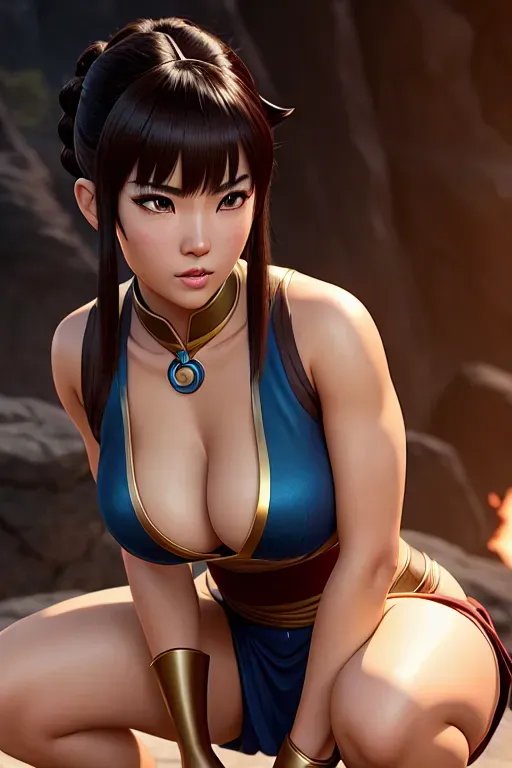 a photograph of,ty lee from avatar the last air bender,squatting,big breasts,five slender fingers,bangs hairstyle,gorgeous face,beautiful lips,brown eyes,curved eyebrows,curved eyelid,smooth skin,wearing golden ring,ultra realistic,professional,cgsociety,cinematic lighting,artstation