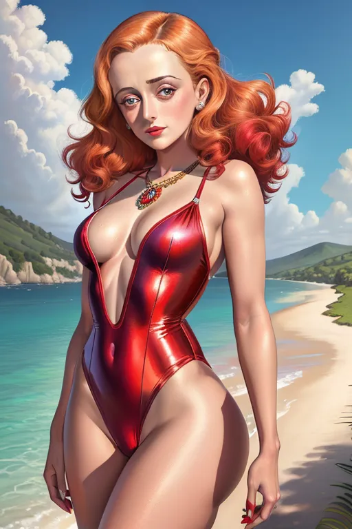 Colour painting of a young Bette Davis, very detailed and jewelled red one-piece swimsuit,((bare thighs)), smooth skin, sexy butt, fine beautiful body,((beautiful summer landscape)),(detailed skin features),(detailed face features), beautiful face, (detailed body features), beautiful eyes,