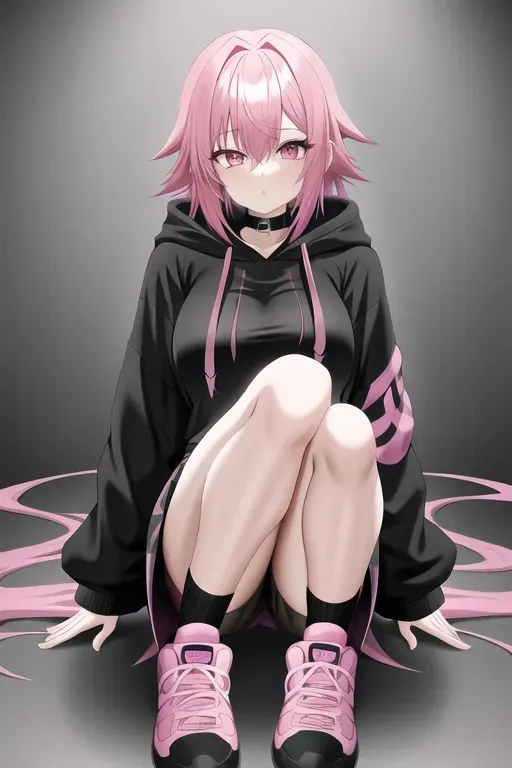 Pink hair, hoodie, black shirt, black skirt, high socks with shoes, pink eyes, adult