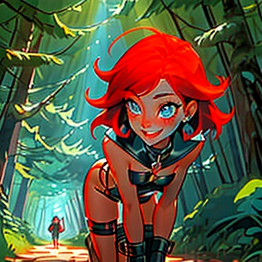 cute. adorable. nude. girl. wearing thick leather collar with leash. red hair blue eyes. crawling on all fours. in fantasy style forest. being lead towards camera by tight leash. smiling and happy. blushing and embarrassed <lora:red_lines_face:1>