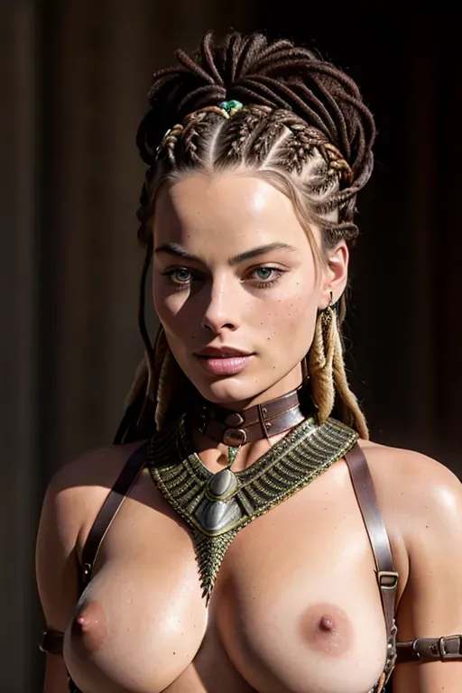 Margot Robbie, french braid, a cup breasts, lots of freckles, dreadlocks, fantasy outfit, braids hair, full nude, emancipated, lots of freckles, detailed facial features, textured skin, bondage harness, belts, jewelery, highly detailed, shoulder blades, rib cage, hip bones, high res skin texture