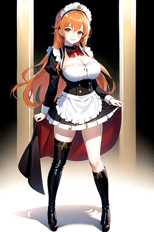 8k quality, brown eyes, pale white skin, orange hair, giant breasts, cleavage, looking at viewer, pov, long hair, wavy hair, full body photo, standing in room, smiling, black maid uniform, miniskirt, high heels, black knee high boots, black choker