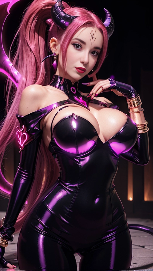 best quality, (((ultra high res))), (((detailed face and eyes))), (perfect face), big shining heart choker, earrings, jewelry, (((big glowing succubus mark))), ((((big glowing succubus bodymark)))), (((conjuring))), (witch), ((long voluminous hair)), (((black gloves))), ((pink hair)), straight hair, (((golden bracelet))), ((single ponytail)), (((huge hair cuff))), ((skintight neckholder dress with low neckline)), ((face closeup)), purple, (burgundy red lipstick), (((neckholder top with low neckline))), ((((demon tail)))), ((long sleeves)), ((purple glowing heart)), (((cameltoe)))