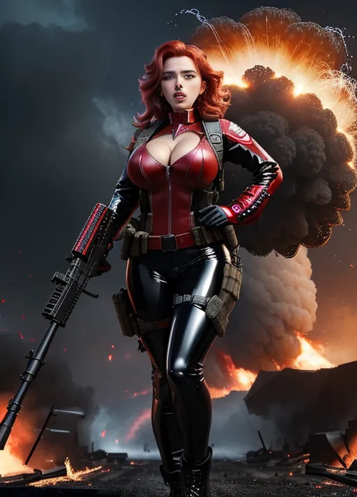extremely high quality,8k,ultra high definition.extremely detailed, lifelike photograph of,scarlett johansson, highly detailed skin texture,highly recognizable accurate very detailed facial features, professionally shot on a high end camera,utterly realistic, professional studio lighting, volumetric lighting,(((full body in frame)))
scarlett johansson smokey sexual professional makeup ,enormous round beautiful big bimbo breasts, perfect breasts,
ultra vivid red hair
incredibly detailed,high resolution,8k,photo realistic,professionally rendered , instantly recognizable face, very toned athletic body
dressed in extreamly high detailed,8k,lifelike,heavy textured,pin sharp,digital rendition,photo quality, skin tight all over black latex combat gear,skin tight latex leggings,black widdow emblem prominent all over clothing,Romanoff clearly printed on name tag,bullet proof vest,ammo pouches,grenades,bullet belt,huge combat knifes, huge chunky combat boots,gigantic sniper rifle,
(((erotic photo shoot))),(((background is a detailed war zone,explosions,fighter planes,military vehicles,solders,missiles,battle tanks,guns,bombs,lots of fire,lots of smoke,flames,(((scarlett is posing on the battle field with heavy weaponry,huge explosion directly behind her))) flying chunks of debris)))