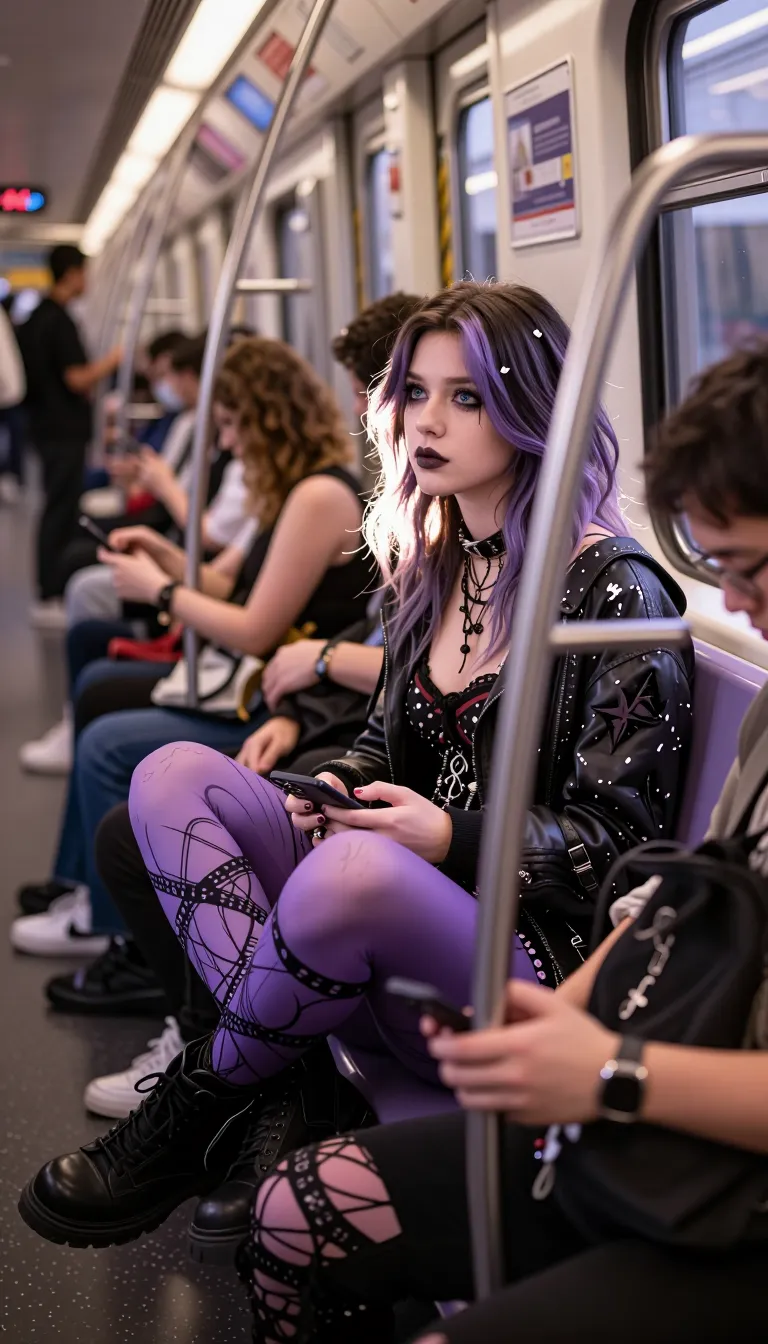 candid street photography, sneaky stolen shot from a few seats away inside a crowded commuter metro train, young woman with clear blue eyes is sitting naturally with crossed legs waiting for her station and looking away. She has a distinct alternative edgy aggressive look with clothing resemble of gothic and punk style with a cleavage, her hair are dyed at the points and she has heavy goth makeup. She is minding her own business unaware of being photographed , relaxed using her phone.
lighting: Lilac, Light penetrating the scene to create a soft, dreamy, pastel look.
atmosphere: Hazy amber-colored atmosphere with dust motes dancing in shafts of light