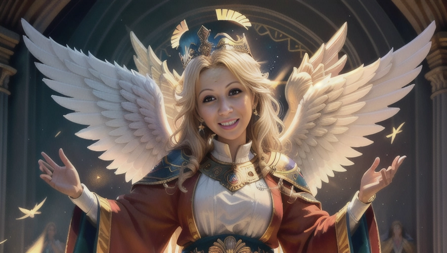 a 64k high detailed photo, ((female)), Intimacy, saint, priestess, religion, Sex Religion Tones, Intimacy Religion, Ultra Detailed, Best Quality, Most Detailed, (Angel Wings), Angelic Lighting, Love, Hope, Magic casting, Crown, Queen, Smiling, happy, Glory, Warrior, Angels, Angelics, Positivity, Happiness, ecstasy, enraptured, sweaty, saving, God, Royalty, Morality, Goodness, True Good, Power, Force, Authority, Ethical, Saviour, Halo, Always and Forever Sentimental, in heat, hot, ultra hot, best, best lighting, tantric, Neutral, Brilliant, Logical, Compassionate, Perfect, Perfection, Exciting, Integrity, Winged, Courage, Purity, Harmony, Beauty mark on upper lip, Family, Titan, Primordial, Protogenoi, Happiness, Happy, True Happiness, The Light themes, Heavenly Themes, Life, Death, The Rise, clean, Sexiest, Prettiest, Most, Beautiful, Angelic, Speech, ecstasy impression, (Happy Expression) ((Love Worship)) (with colourful Robes)