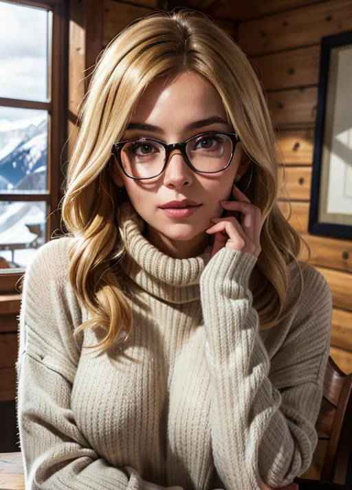 A photo of emb-babs,as a beautiful woman in a thick sweater,wearing stylish glasses,in a ski cabin,(looking at the camera),photoshoot style,seductive expression,8k HD,RAW,dslr,perfect features,flawless skin,skin pores,professional,masterpiece,(photorealistic:1.4),detailed,intricate,high resolution,detailed background,fcDetailPortrait,epiCRealism,OverallDetail.,