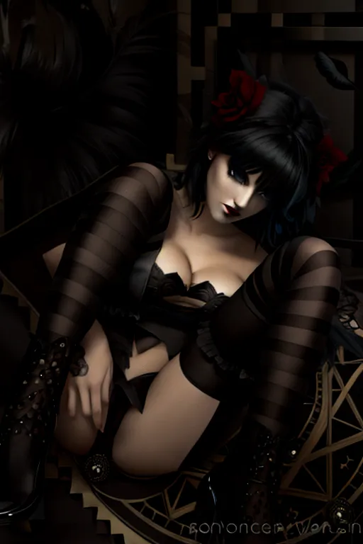 a young emo girl on a bed, spreading her legs. gothic decor