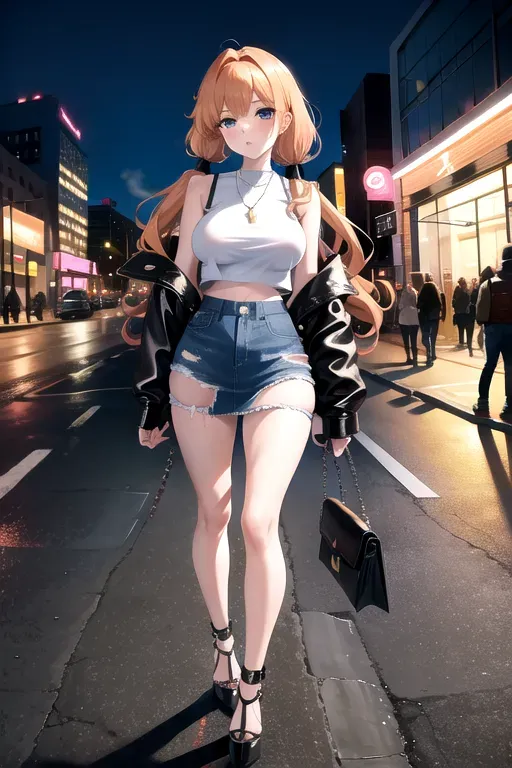 full body, strawberry blonde hair, hazel eyes, short girl, denim miniskirt, black high heels, looking at viewer, long hair, pale skin, silver necklace, black crop top, 24 years old, giant breasts, cute face, pov, wavy hair, city environment, Oklahoma City, wide eyes, erotic, skirt tug, leather jacket, nighttime, black backpack, slim body, low pigtails