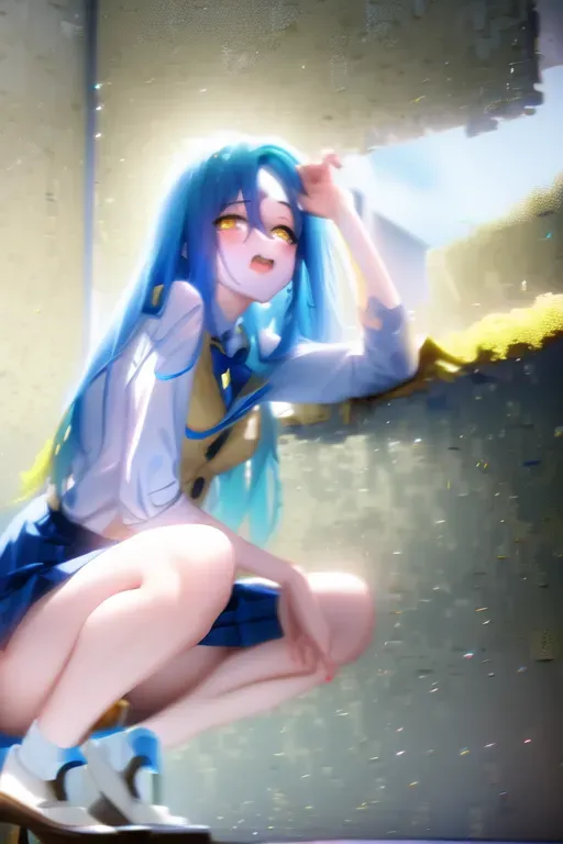 <lora:dpmg_riding_dildo:1>, blue hair, yellow eyes, school uniform, blue skirt, white shirt, no panties, wood floor, indoors, simple background,