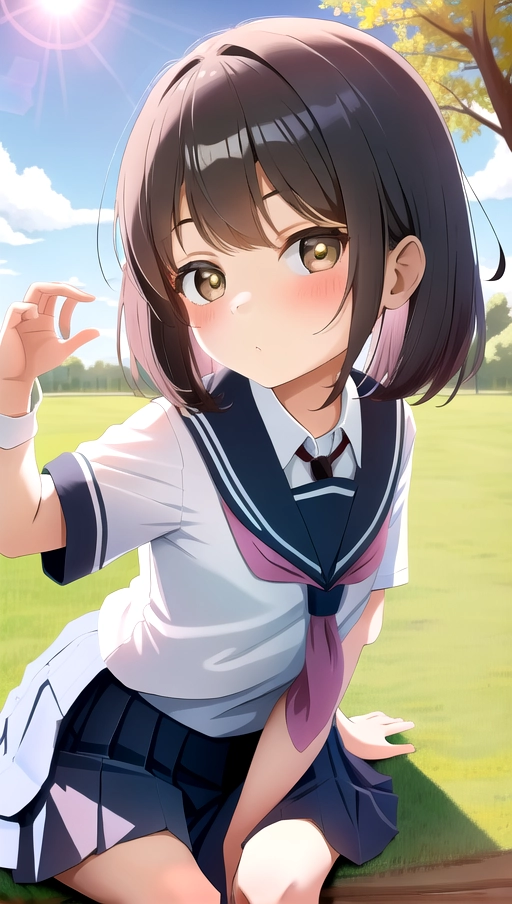 1girl, loli, young, cute, school uniform, sitting under a tree, sunny, in a field