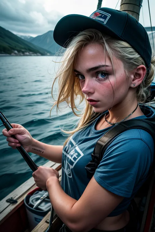Hot european 18 years old girl fishing in a fishing boat, fishing gear, fish on the line, stormy night, low light, frightened, uncertain, high-detailed face, high-detailed skin texture, super attractive face, <lora:dpmg_add_detail:1>