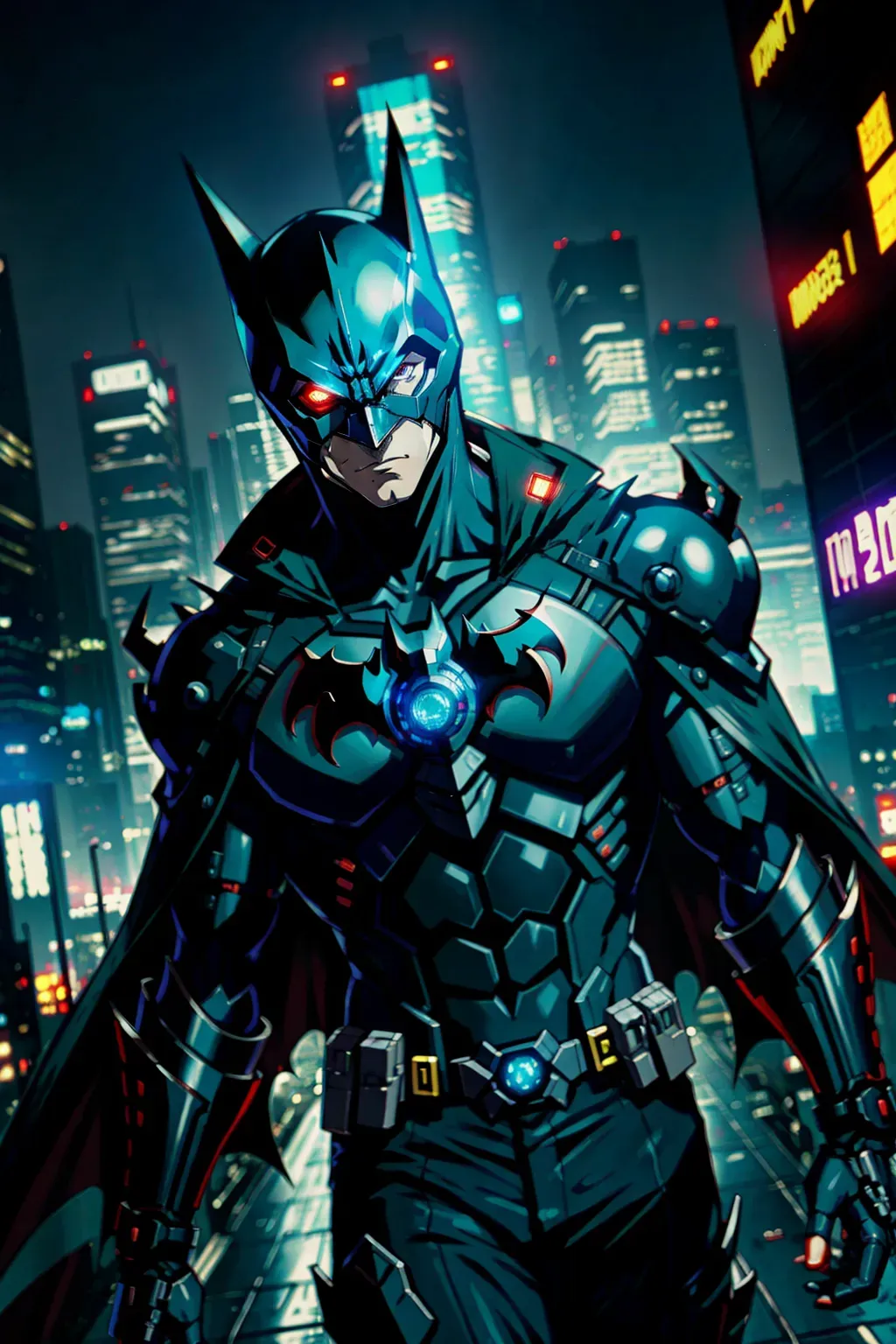 Cyberpunk, anime, batman, mask on, male, in a city, 8k wallpaper, best quality, ultra hd, cinematic lighting, studio lighting, hi-resolution, high quality, highly detailed