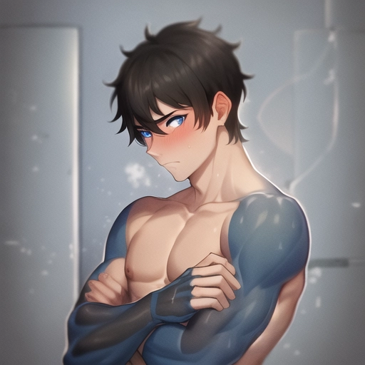 male, shirtless, blue eyes, black hair, blushing, short hair, riding dick