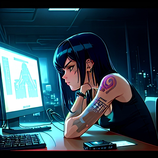 Medium shot, side profile, of a highly detailed beautiful, thin Cyber punk female with blue black hair, her hair is hanging down on the backside of her face, sitting in front of a computer monitor leaning forward on her arms, looking focused, at a desk with a tank top on showing cleavage and tattoo sleeves on her arms and a small line tattoo on her cheek. Dark background with a cyberpunk city skyline at night in the window and a blueprint on the wall, she has a bracelet on her wrist and is wearing earrings on her ears