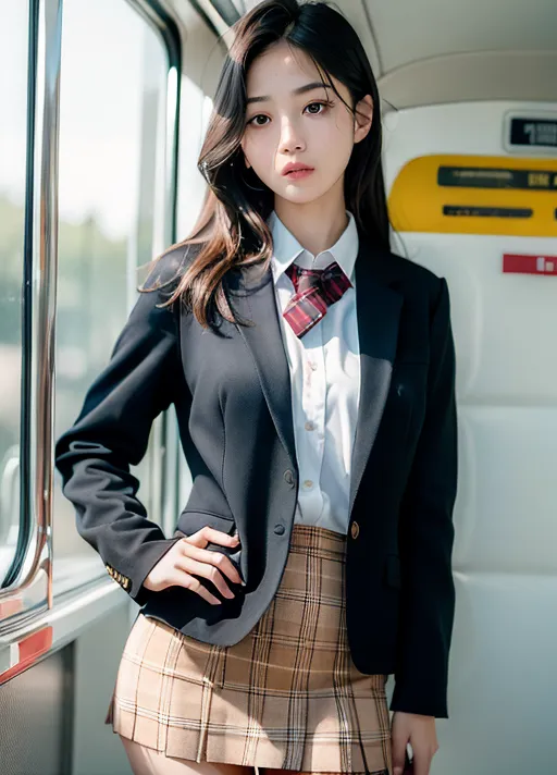 a 8K resolution photo of a 18 years old beautiful girl, dpmg_asian_aesthetic_v1, wind blowing hair,skinny, slim, anorexic, full body, bangs, small waist, big boobs, rounded butt, red lips, beautiful lips, symmetrical eyes, (tigh highs), (pale skin with reflections), blushing, natural lighting, low saturation, low contrast, (photorealism:1.5), (photorealistic:1.4), (8k, RAW photo, masterpiece), High detail RAW color photo, a professional photo, realistic, (highest quality), (best shadow), soft shadow, ultra high resolution, highly detailed CG unified 8K wallpapers, soft focus, physics-based rendering, photo, realistic, realism, high contrast, hyperrealism, photography, f1.6 lens, hyper-realistic lifelike texture, textured skin, cinestill 800, full body in frame, all in frame, school uniform top, school tie, school jacket, plaid miniskirt, in a schoolbus