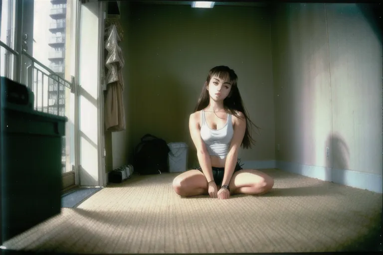 8k, raw photo, masterpiece, Street style photo, disposable camera photograph, large film grain, high contrast, Flash photography, Bad photography, Taken at night, lowlight, 1990s,
Sasha Grey in bondage
Looking bored, not looking at the camera,
tank-top and underwear, Disheveled, dressed casually,
Generic, white-walled apartment, Grungy beige carpet,
Sliver movie, natural lighting, shot on Agfa Vista 200 --ar 9:16 --v 5