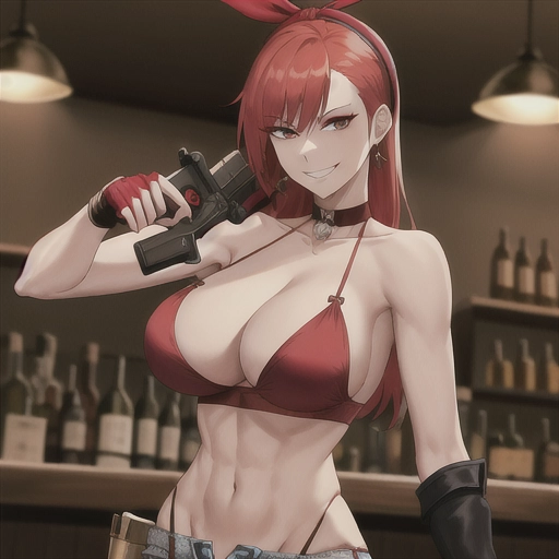 distant shot of a highly detailed slim woman with a sadistic smile with red hair looking back with a bandana wearing tiny bra and large cleavage and tiny waist and tiny ripped jean shorts and holding a revolver in a bar background