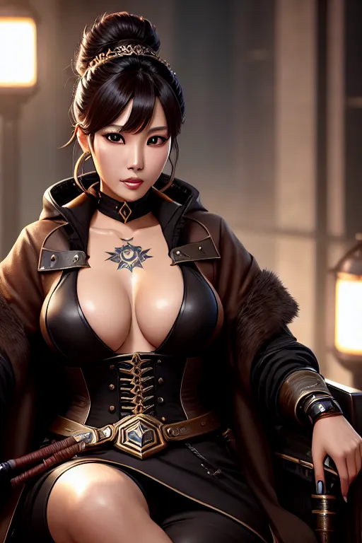 a digital painting of,kim so yeon,wearing mage clothes,sitting in a chair,in a dystopian future,amazing breasts,five fingers per hand,updo hair,charming face,beautiful lips,brown eyes,curved eyebrows,curved eyelid,satisfaction,tattoo,cgsociety,studio lighting,cinematic lighting,sharp focus,artstation