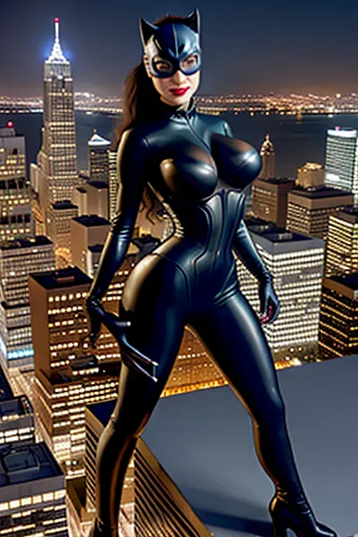 Catwoman, breasts exposed, night time, rooftop, city background