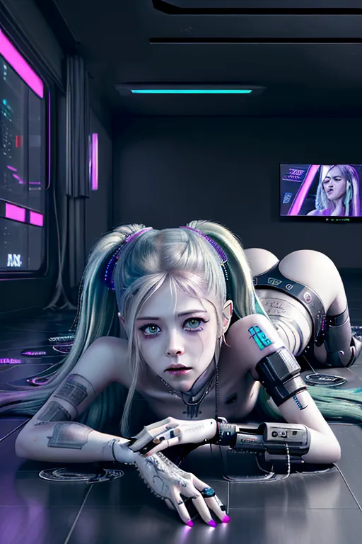(Avril Lavigne), naked, perfect face, high quality face, 64k, ((cyberpunk apartment)), running mascara,crying ,body modification,battle scars, cyborg implants, ultra detailed image, 4k, lying on floor ass up,