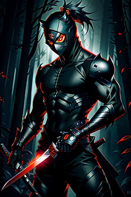 Ninja, full face mask, black, glowing orange accents, with a sword, male, 8k wallpaper, best quality, ultra hd, global lighting, hi-resolution, high quality, highly detailed, in a dark forest