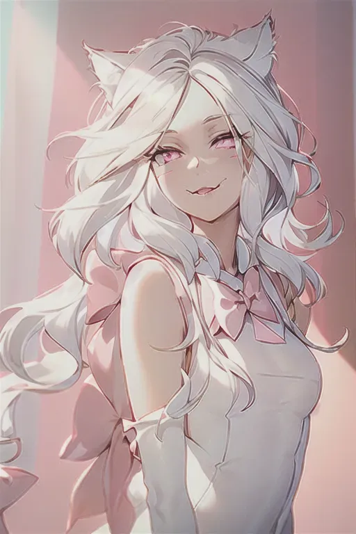 ghibli style, best quality, highly detailed , catgirl posh style ,white short bobcut with white cat ears, white color hair, , only cat type ears, pink catlike eyes, dressed in white plain clothing with pink bow, catgirl anime digital art, looking at viewer, white hair, bow, elegent long white gloves, ((masterpiece))