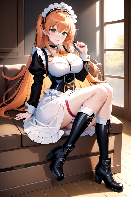 long hair, pale skin, orange hair, green eyes, black choker, giant H-cup breasts, wavy hair, white maid uniform, smiling, full body photo, 28 years old, miniskirt, cleavage, high heels, corset, 8k quality, boots, in living room