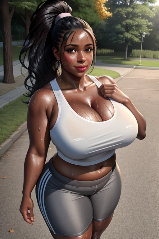 A 16k resolution full body photo shot of, Late 40s, Black-British Woman, Standing, One Hand Behind Head, Full-Figured, Cleavage, Straight Hair, Glossy Hair, Ponytail, Full Mouth, Full lips, Body Hair, Happy Trail, Pubic Hair, detailed hair features, Hyperreal detailed facial features, Eye Contact, Detailed Dilated Pupils, Smiling, Realistic Soaked Cleavage, Large Erect Nipples, Sweaty, Sweaty Body, Sweat Stains on Clothes, Sticky, Large Breasts, Grey Crop Top, Running Shorts, in a park