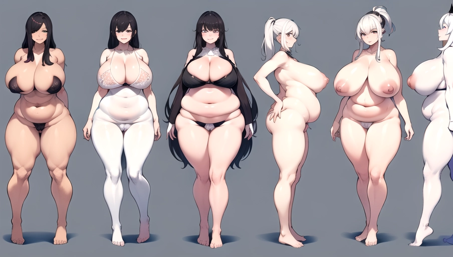 weight gain sequence, weight gain progression, thinnest on the left, fattest to the right, left to right thin to fat bodies, thin woman becomes bbw,