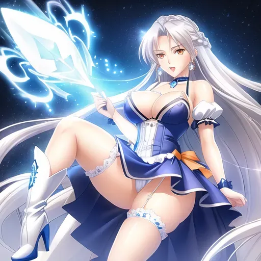 A high-quality erotic hyper-realistic photo of a short woman with long white hair with a braid in her hair, orange eyes, g-cup breasts, pale skin, wearing a blue minidress, silver teardrop earrings, a silver choker and silver high heeled boots