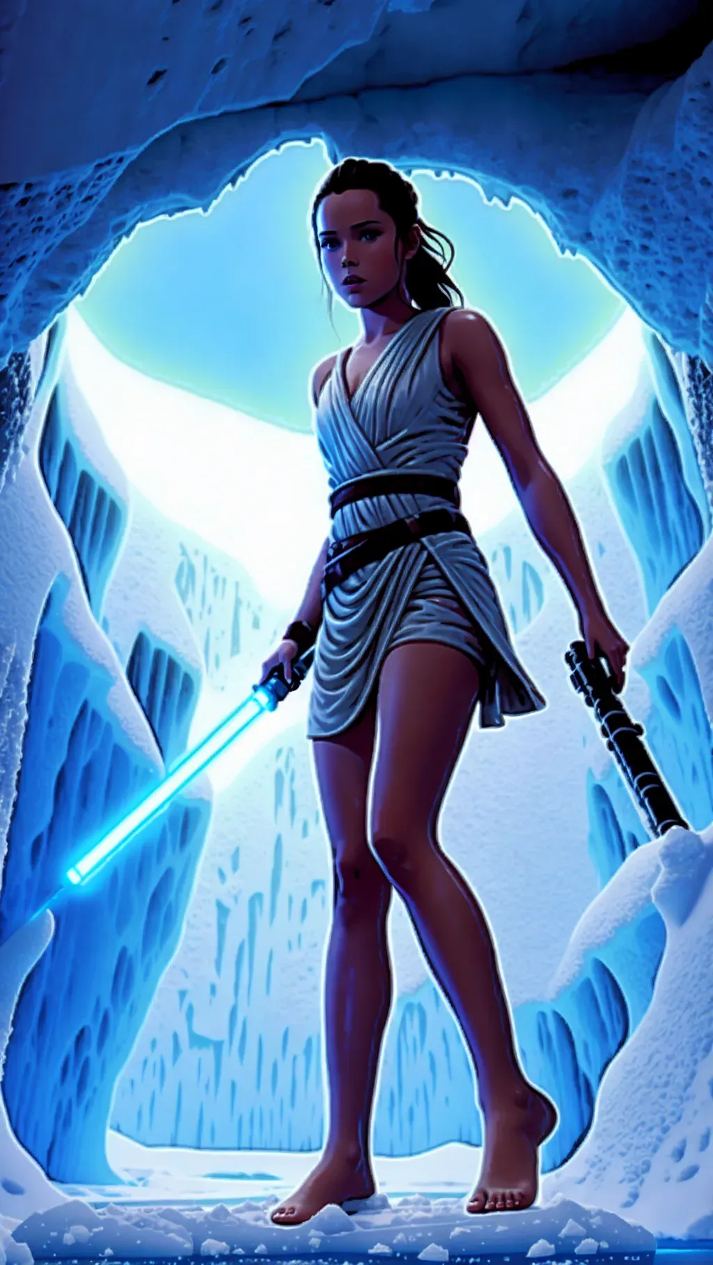 Dopamine Girl - barefoot Rey Skywalker wearing her normal attire while  exploring deep inside the ice cave of Hoth with ice-covered bare feet  sinking into the snow while holding her lightsaber, barefoot,