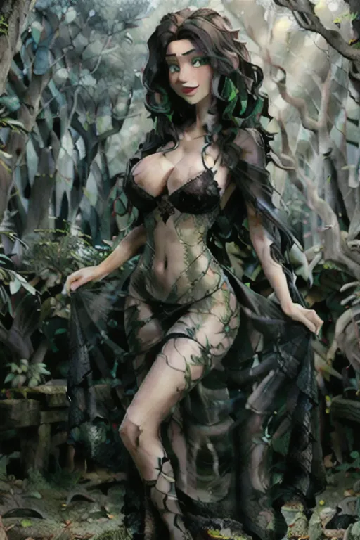an hd photo of a beautiful dark haired witch in the woods, pale skin, grey_eyes, grey coloured eyes, slim, huge tits, <lora:see_through_dress:1>, posed seductively, casting a spell of green light, smile