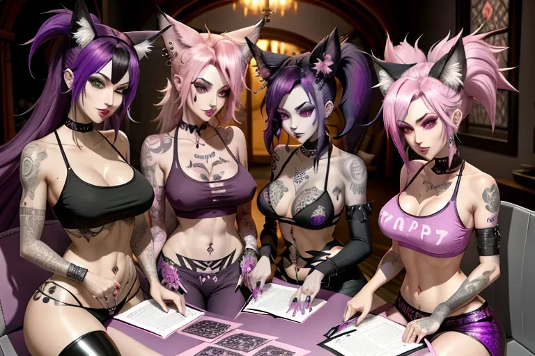4 goth foxgirls, pink and black hair, tail, arm tattoos, piercings, pink and purple croptop t-shirt, covered nipples, fluffy pj pants, playing a tapletop rpg, at a table