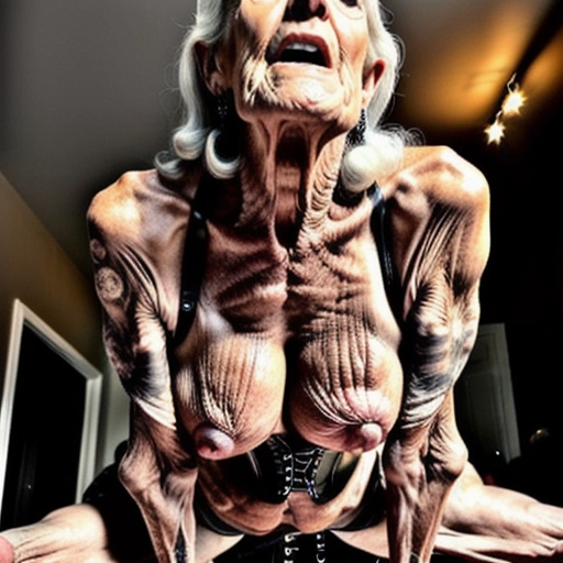 Extremely old and very skinny granny, showing her extremely long hanging cunt lips, on all fours being fucked, very deep age lines and extremely wrinkled loose skin, eyeliner, slave brand on her pussy, long grey hair up in tight and high ponytail, extremely huge hanging fake tits, extra long nipples, wearing a thick leather collar, wearing leather corset, extra wide hips, being used by men
