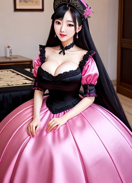 Gorgeous young Korean woman, photo attractive face, big bimbo lips, huge gigantic boobs, (gigantic tits), black hair, sexy, slim waist, thin, medieval era, tight pink silk princess ball gown, photorealistic, best quality, ultra high resolution