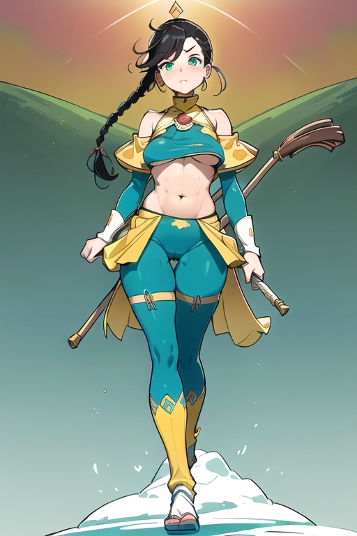 --QUALITY--,
(bright colours:1),
beautiful, masterpiece, best quality, extremely detailed face, perfect lighting, (fullbody view), ((celshading:1)), bokeh, (soft edges),
--BREASTS--,
((small boobs:1)), ((extra sagging boobs)), large nipples bulge, (soft boobs),
--HEAD--,
black hair, green eyes, (medium lenght with razor angled edge), (undercut), (braided sideburns), (teal strands), annoyed face,
--PHYSIC--,
abs, (fat cameltoe), imposing stature, large shoulder, thick thighs,
--CLOTHES--,
(yellow to green gradient combatsuit), (green and yellow side cutout legging), holding a wooden combat stick,
--BACKGROUND--,
(In a mountain temple court), temple enclosure, temple under snow,
--CONCEPTS--,
<lora:dpmg_3d_rendering:0.3>,
<lora:manga_lineart:0.7>,
<lora:dpmg_better_bodies:0.5>,
<lora:better_cooks:0.1>,
<lora:ghibli_background:0.2>,