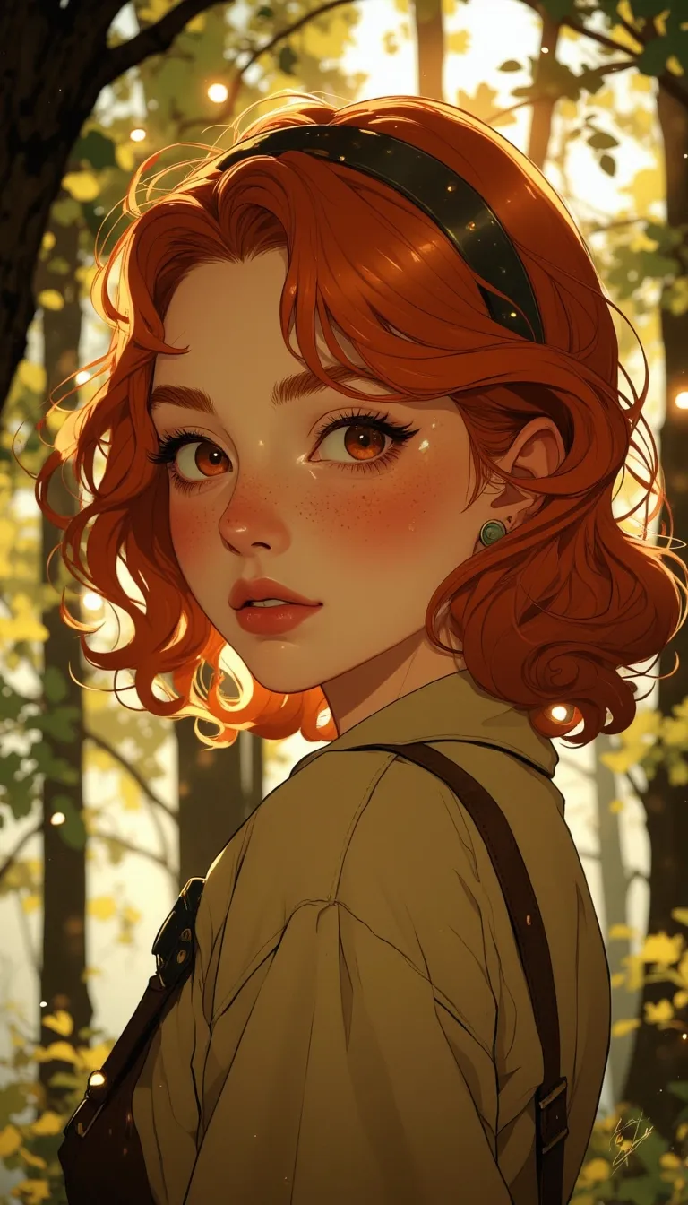 Anime style.
a kawaii redhead woman with freckles looking at the camera. cute face, She has big red almond eyes and is looking at the camera. in the background there is a tree.