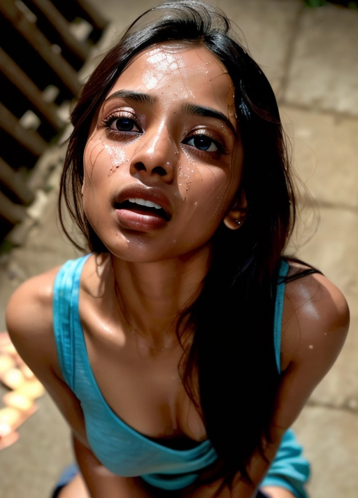 an accurate high angle photo looking down at a beautiful slutty, gorgeous girl that looks like Sobhita Dhulipala, ((ahegeo face)), (((eyes crossed))), hypnotised, ((goon face)), mouth open in shock, desperate pleading eyes, topless, kneeling down in a dark alley, hands tied behind her back, looking directly up into the camera, dark moody lighting, cinematic lighting, ((hot and sweaty tits)), cum covered tits, extreme close up on eyes, ((full colour photo))