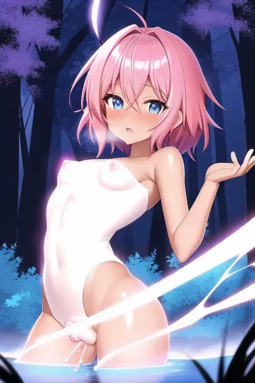Stylized, Simple Digital Art, shot of a moderately build anime woman with dark skin, bright blue eyes, short pink hair, fully naked, large chest, ass turned toward camera, turned around, back towards camera, drenched in cum, vaginal penetration, veiny dick, blushing, steaming, dimly lit forest at night, high quality