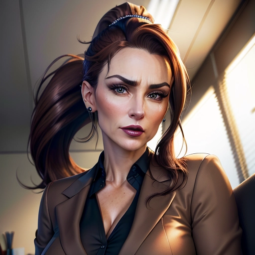 realistic HD photograph ((wide shot)), ((((accurate face)))), brown hair, ponytail, sitting in an office, bimbo, dark lipstick, warm lighting, therapist clothing, facing the viewer, frustrated facial expresstion, light brown eyes, a seductive look on her face, CEO