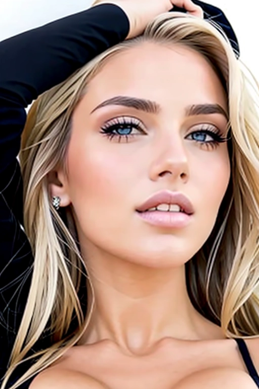 Plastic skin, big breasts, realistic face, blonde hair,sexy pose,o face