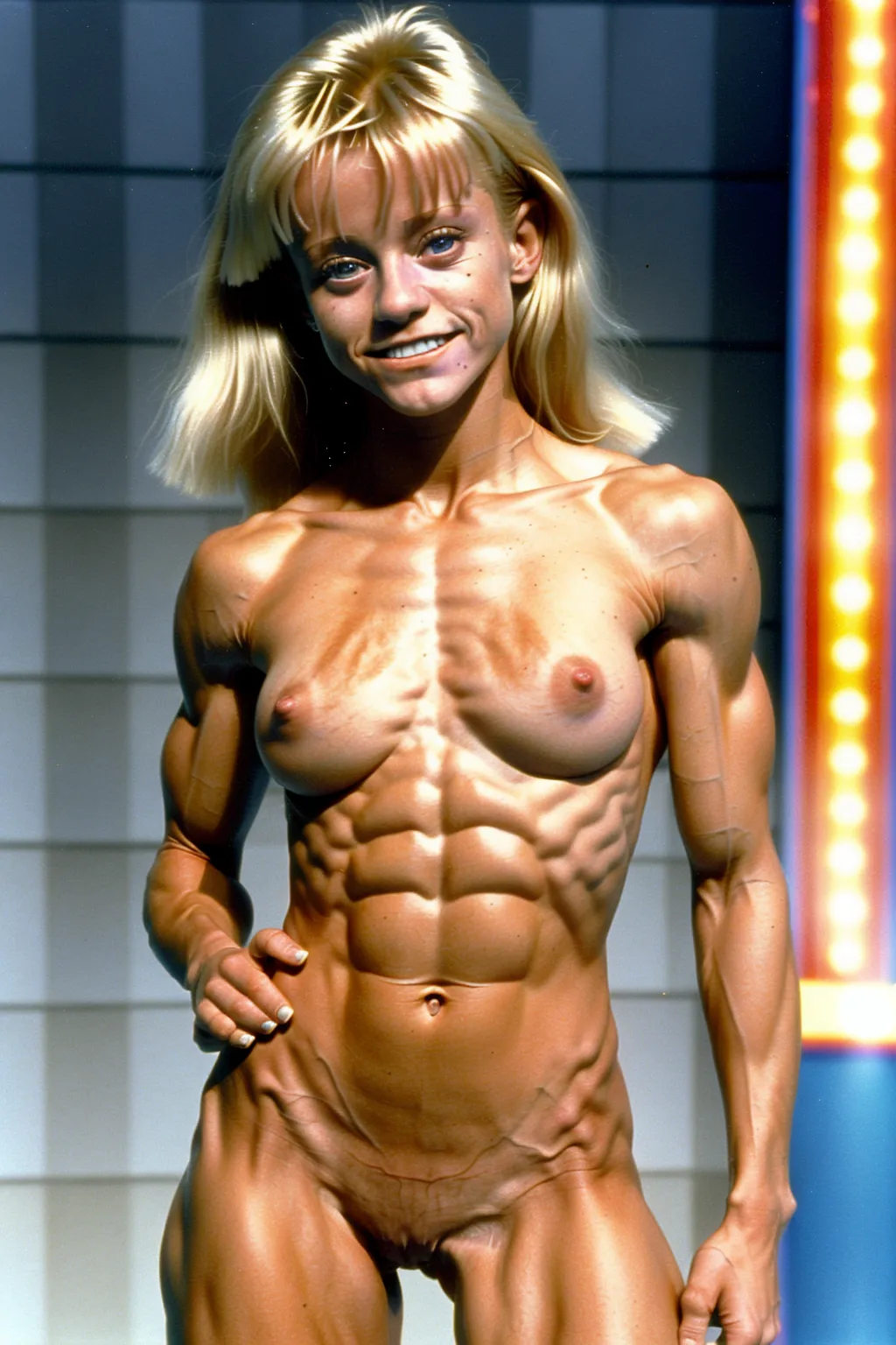 A very fit 18 year old fully naked Linnea Quigley, pleasure look on her face, flexing her abs, very low body fat, extremely lean body, perfect body, showing her vagina, standing on the set of a game show in 1991, fully nude, spreading her legs, perfectly shaped breast, blonde hair, spreading her legs wide open, perfect tan, completely naked