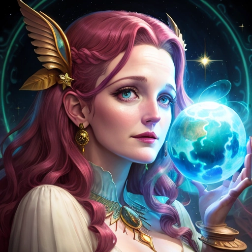 Drew Barrymore, fey goddess, being hypnotized by magic orb, drowsy, sleepy, half-lidded eyes, slumped forward, looking at orb