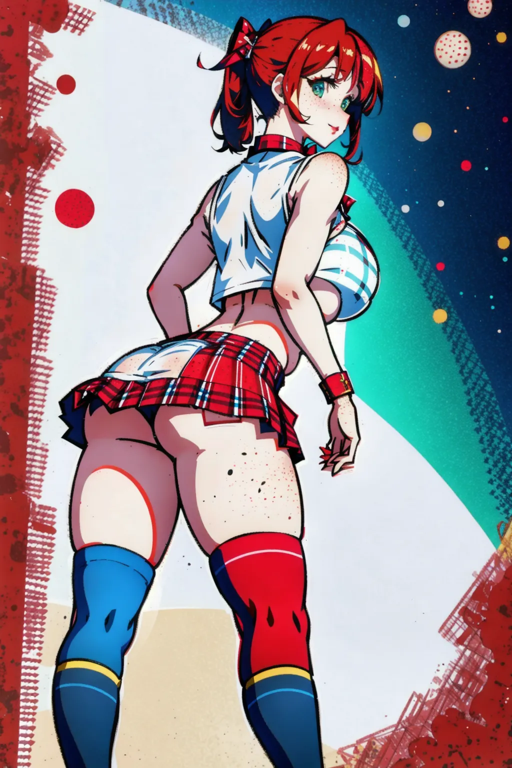 8k full body photograph looking down at, younger step-sister, 18 years old, detailed face, happy, cute face, ((baggy low-cut top)), bow-tie, (((red plaid skirt))), (((blue striped knee socks))), red lace choker, vibrant green eyes, very pale skin, ((((red freckles)))), red lip-gloss, wild red hair, ((((massive breasts)))), tiny waist, wide hips, hourglass figure, fit, (no fat), ((toned stomach)), bubble-butt, sexy legs, standing at the front-door, ((looking up at the camera)), (blushing), ((((hands clasped behind her back cutely)))), (leaned forward slightly), textured skin, best lighting, raytracing, add more detail