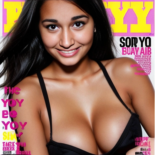 Super young very cute face teen girl on the cover of playboy. Magazine cover. Very tan. Black hair Highschooler.