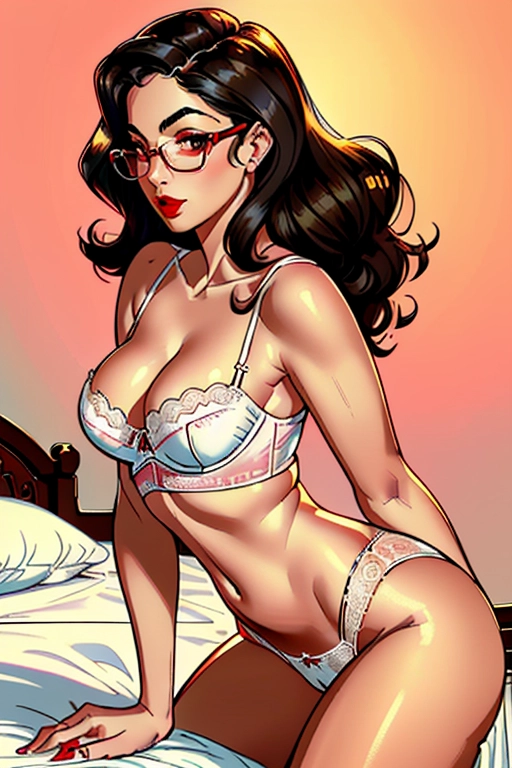 1950s, Beautiful, sexy, submissive, sensitive, aroused, christian, housewife, long brunette hair, 50s hair style, round glasses, Alexandria Ocasio-Cortez, full lush red lips, soft and curvy build, small perky breasts, thin waist, thicc ass, full thighs, smooth legs, cute feet, pink scruffled unbuttoned blouse, white 50s style bra, cleavage, cute white 50s style high waist panties, cameltoe, thicc hips, laying down on the bed, inviting me to impregnate her, in the bedroom, masturbating, playing with and rubbing her pussy and crotch, dim lighting in the room, beautiful fluffy bed, ((high definition)), ((4k quality)), ((excellent lighting)), ((great shading)), ((pristine detail)), ((really clear picture)), ((beautiful vibrant colors)), ((accurate at lower prompt guidence)), ((ultra realistic)), (((five fingers per hand))), (((two arms per person))), (((two legs per person))), (((two hands per person))), (((two feet per person))), ((((100 percent according to prompt))))