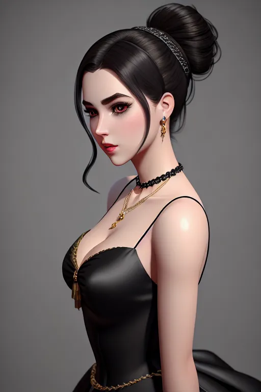 a digital painting of,a bitcoin girl,wearing princess dress,at the party,five fingers per hand,ponytail,gorgeous face,beautiful lips,black eyes,curved eyebrows,pale skin,cosy,wearing necklace,artstation,8k,cgsociety,smooth,editorial