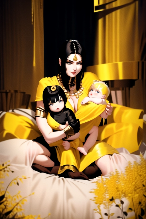 one woman with black hair, two children, an image of a warrior princess mom with two children one of two years and the other of one year, she is dressed as Xena, the baby of two years is blonde, with yellow hair and the baby of one years is the son of Conan, with black hair