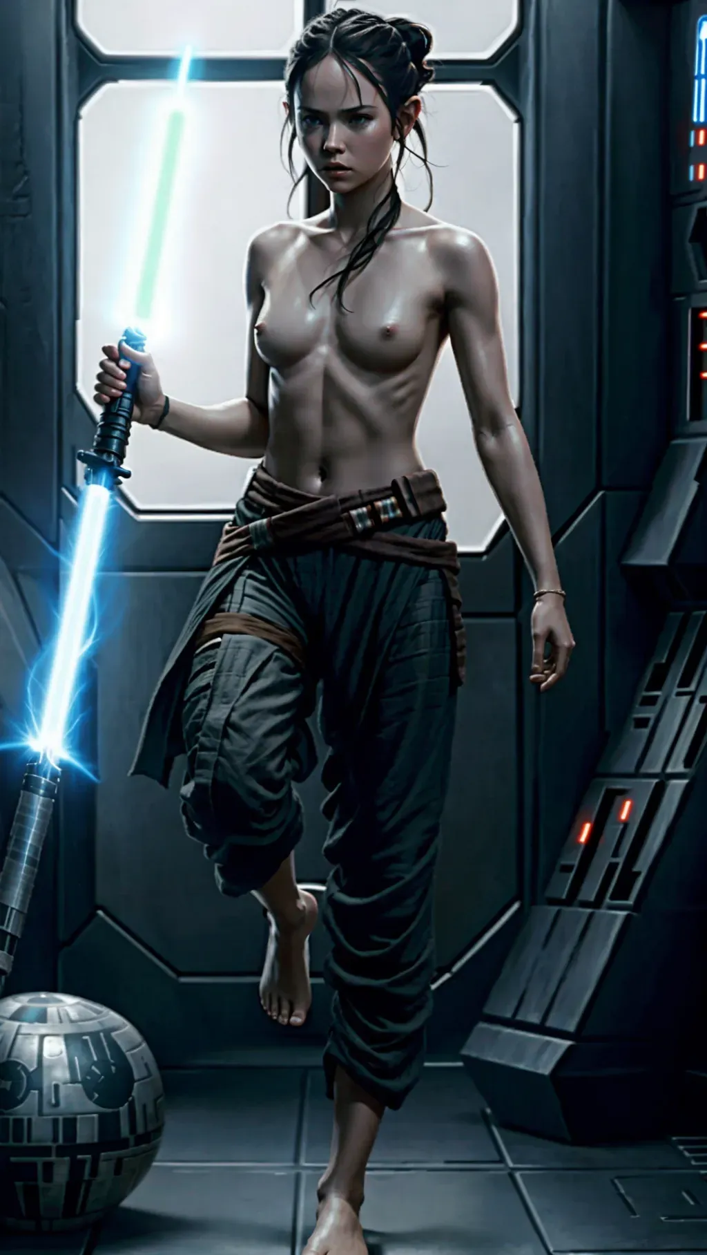 topless barefoot Rey Skywalker wearing her normal warrior pants while holding her lightsaber and fighting against Kylo Ren on the Death Star, barefoot, barefoot, barefoot, topless, topless, topless,